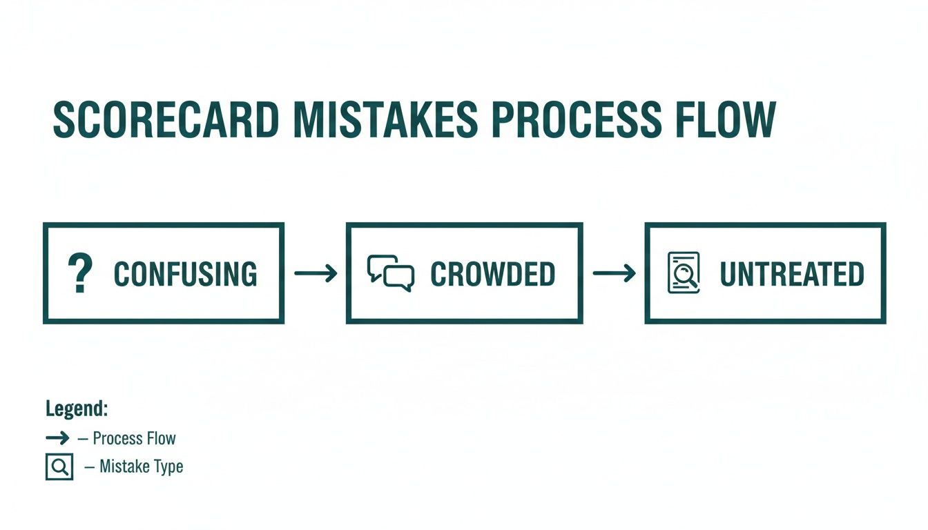 A process flow diagram illustrates scorecard mistakes: confusing, crowded, and untreated issues, with a legend.