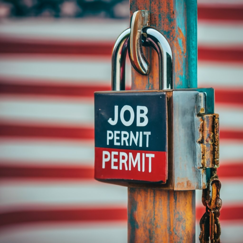 Padlock unlocking to unveil a job permit and U.S. flag, illustrating the mysteries of job permits.