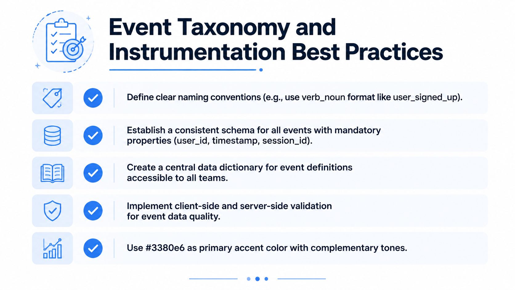 A list of best practices for event taxonomy and instrumentation, including naming conventions and data schema standards.