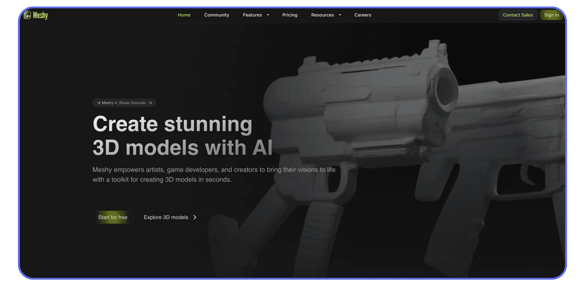 The Meshy website homepage featuring the tagline “Create stunning 3D models with AI” beside a gray 3D model of a sci-fi weapon on a dark background.