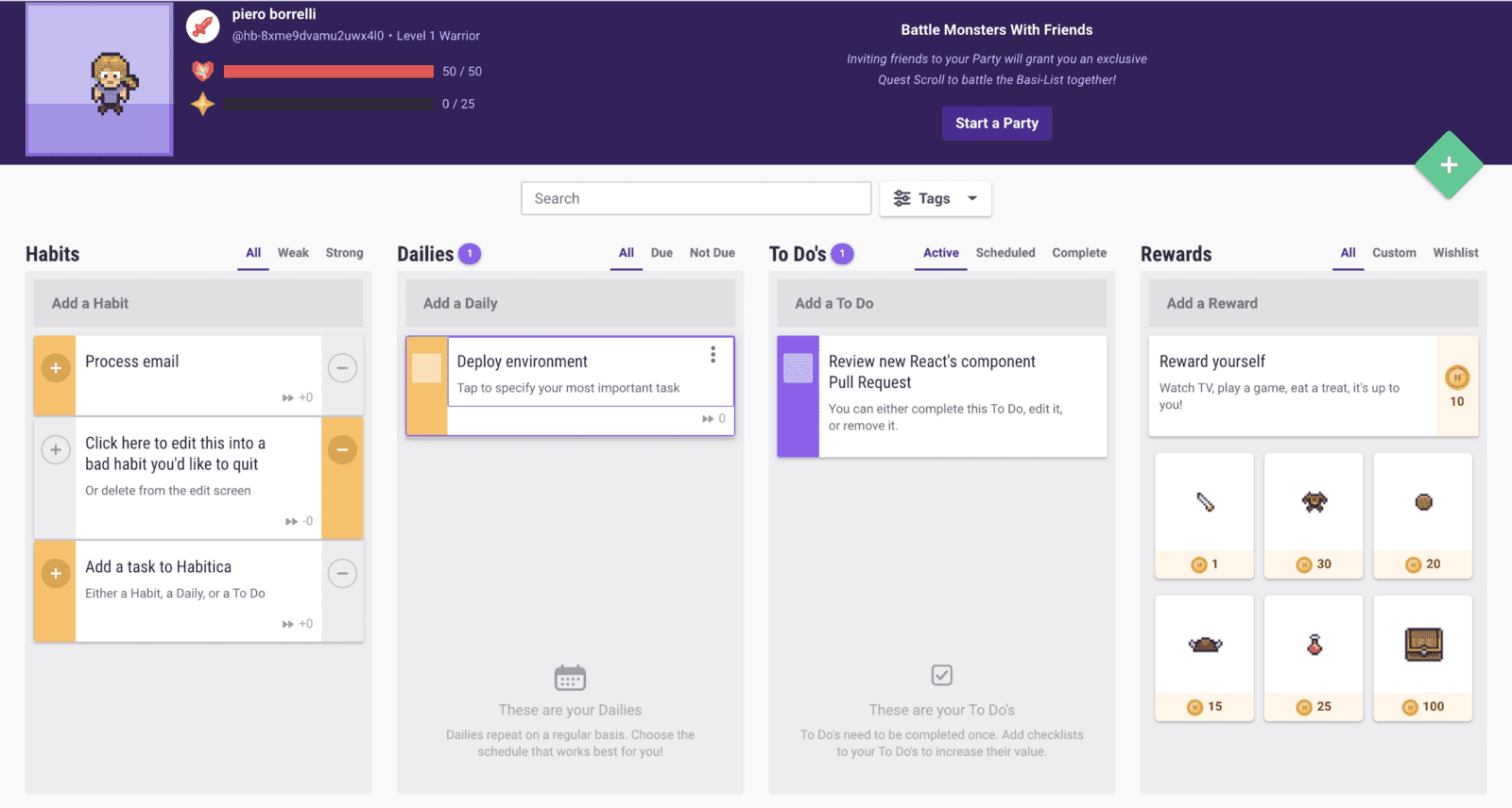 Habitica’s Dashboard.