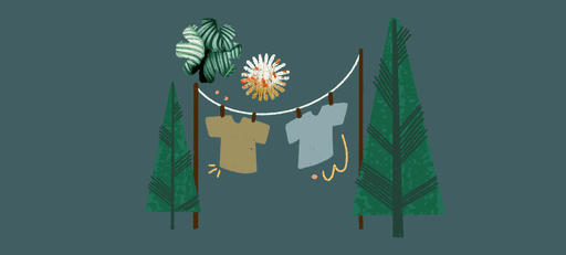 Illustration of clothes drying on a line between trees with abstract flowers.