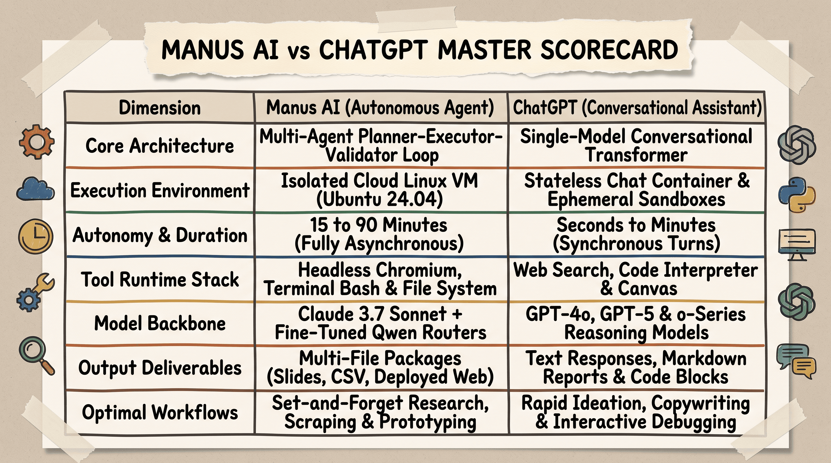 Feature comparison matrix evaluating Manus AI versus ChatGPT capabilities architecture and execution limits