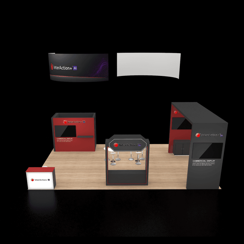 20x30 island exhibit with digital demo areas, reception counter, and storage