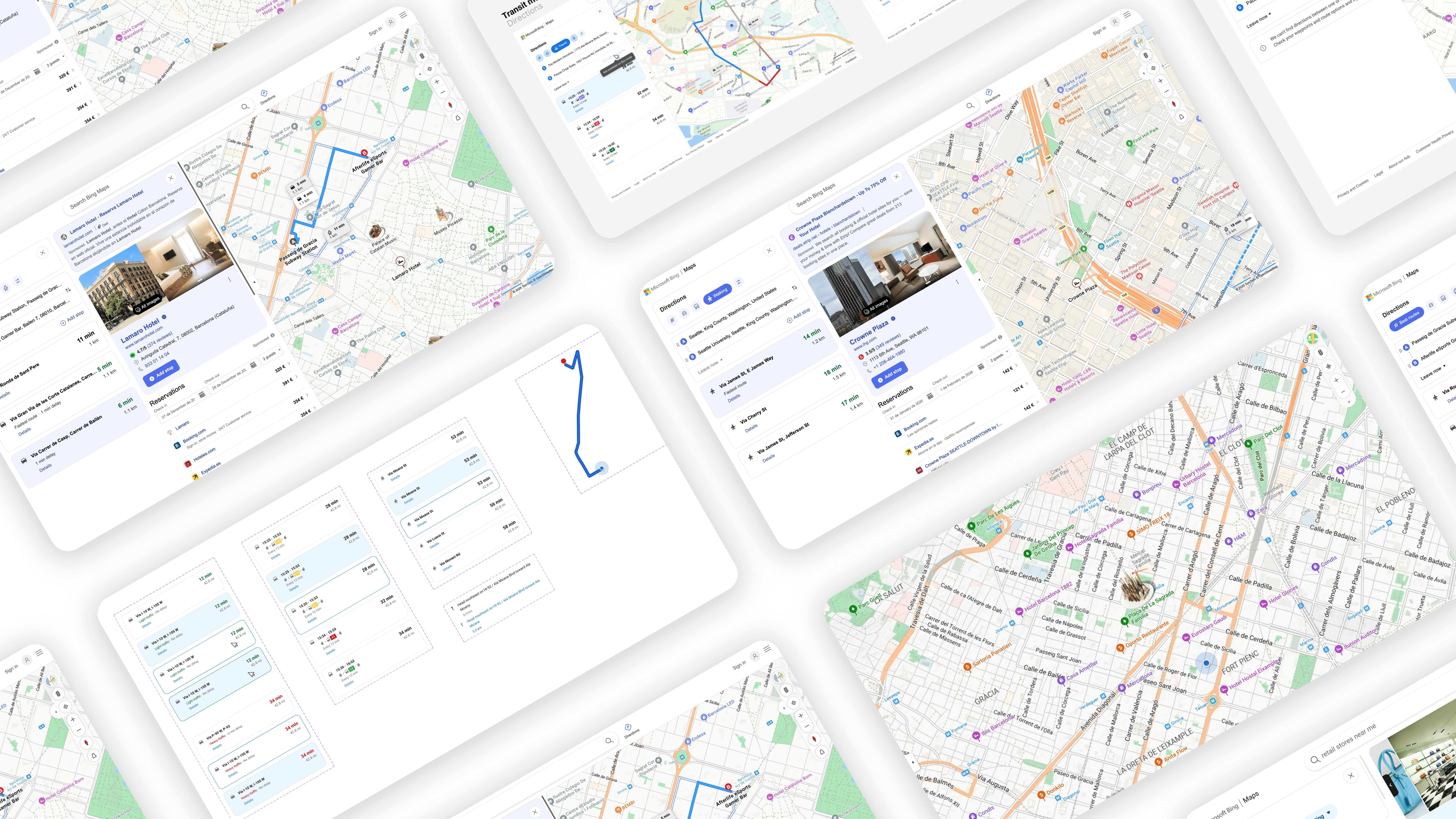 Collection of Microsoft Maps redesign mockups showing updated interface layouts, map interactions, and clean visual system enhancements