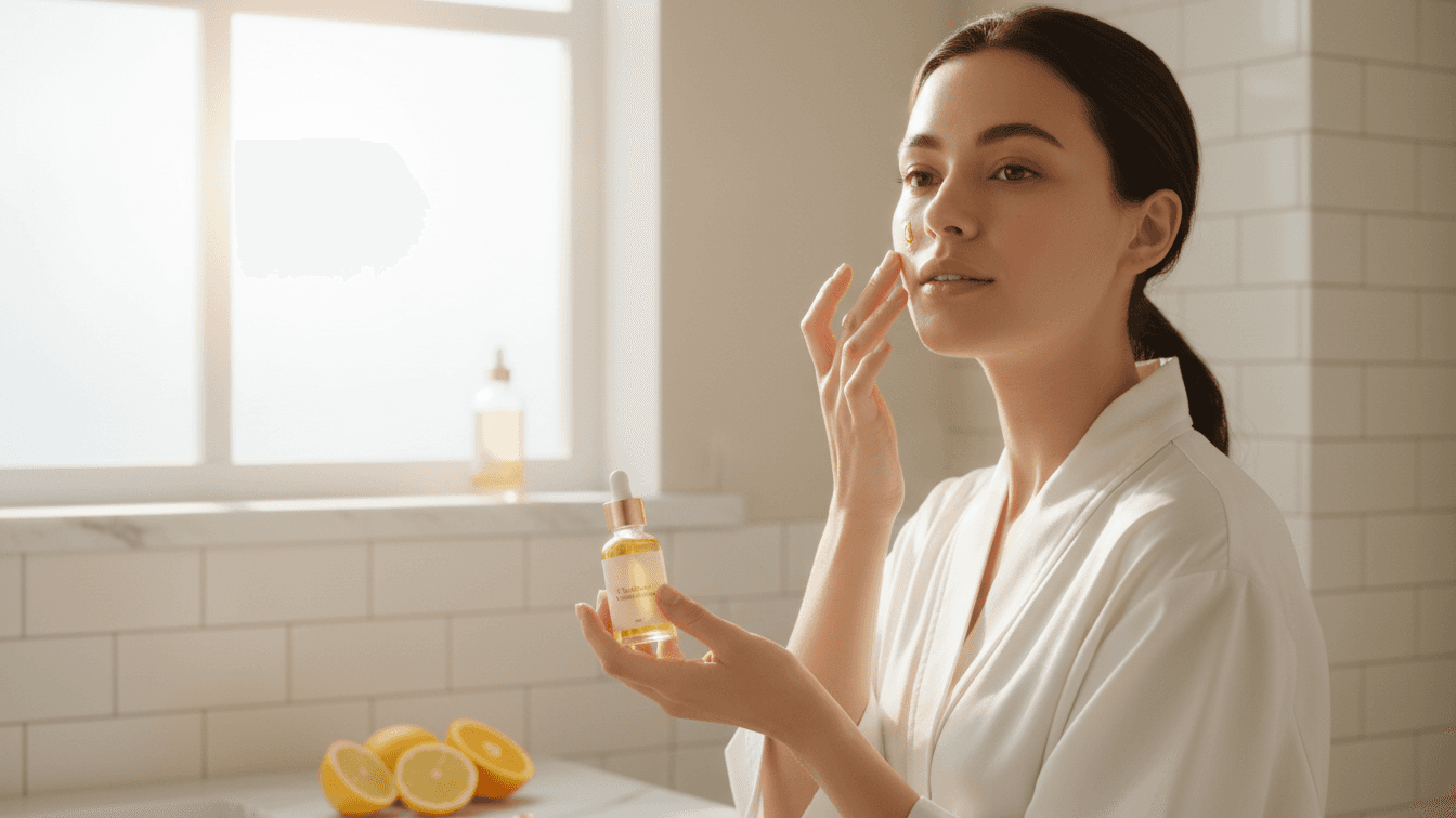 Bright, sun‑kissed bathroom scene: a person stands by a window, gently pressing a few drops of golden‑tinted serum into their cheek with one hand, holding a minimal clear glass vitamin C bottle with a warm metallic dropper in the other