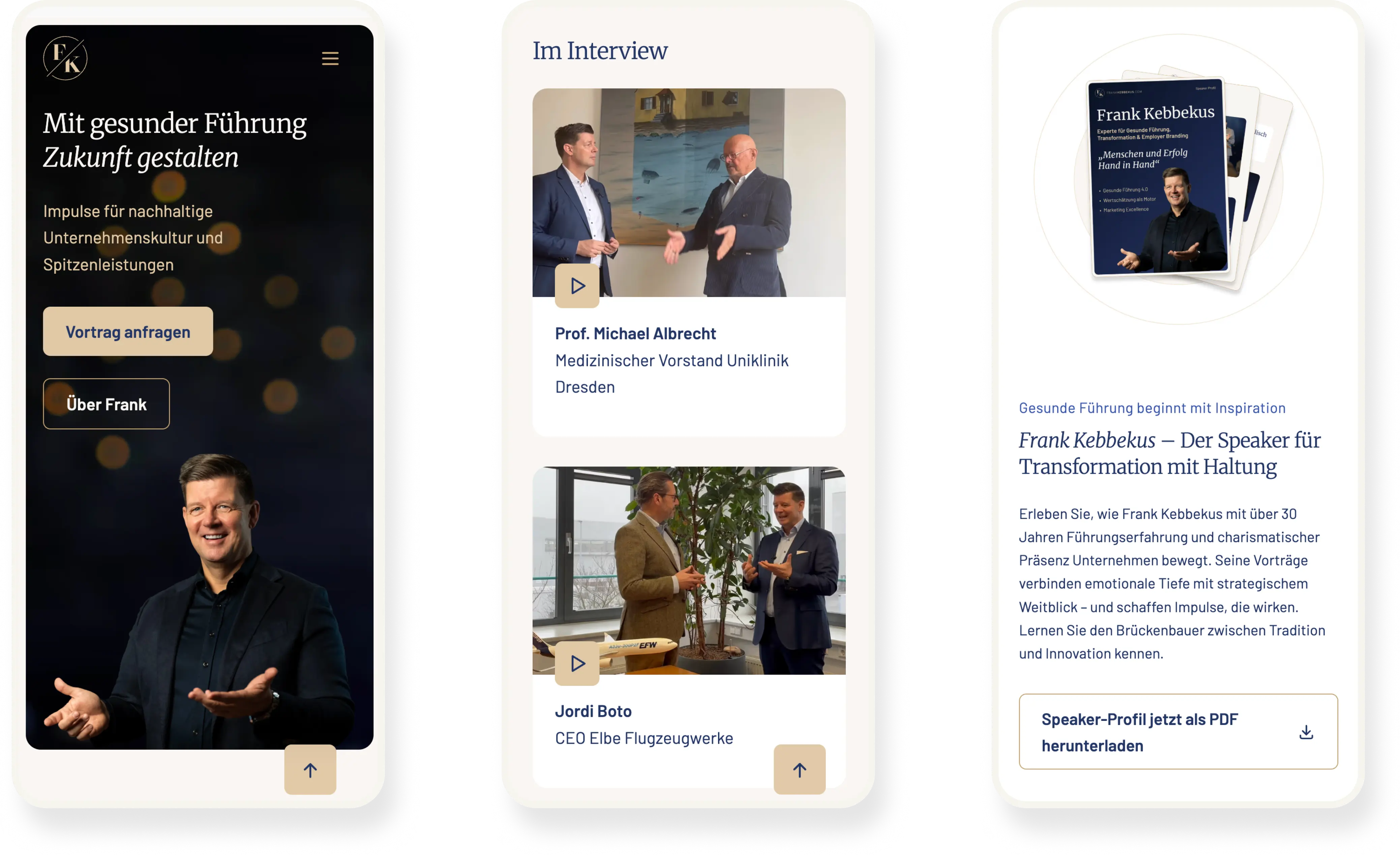Drei beispielhafte Ansichten der mobilen Ansicht der Webseite