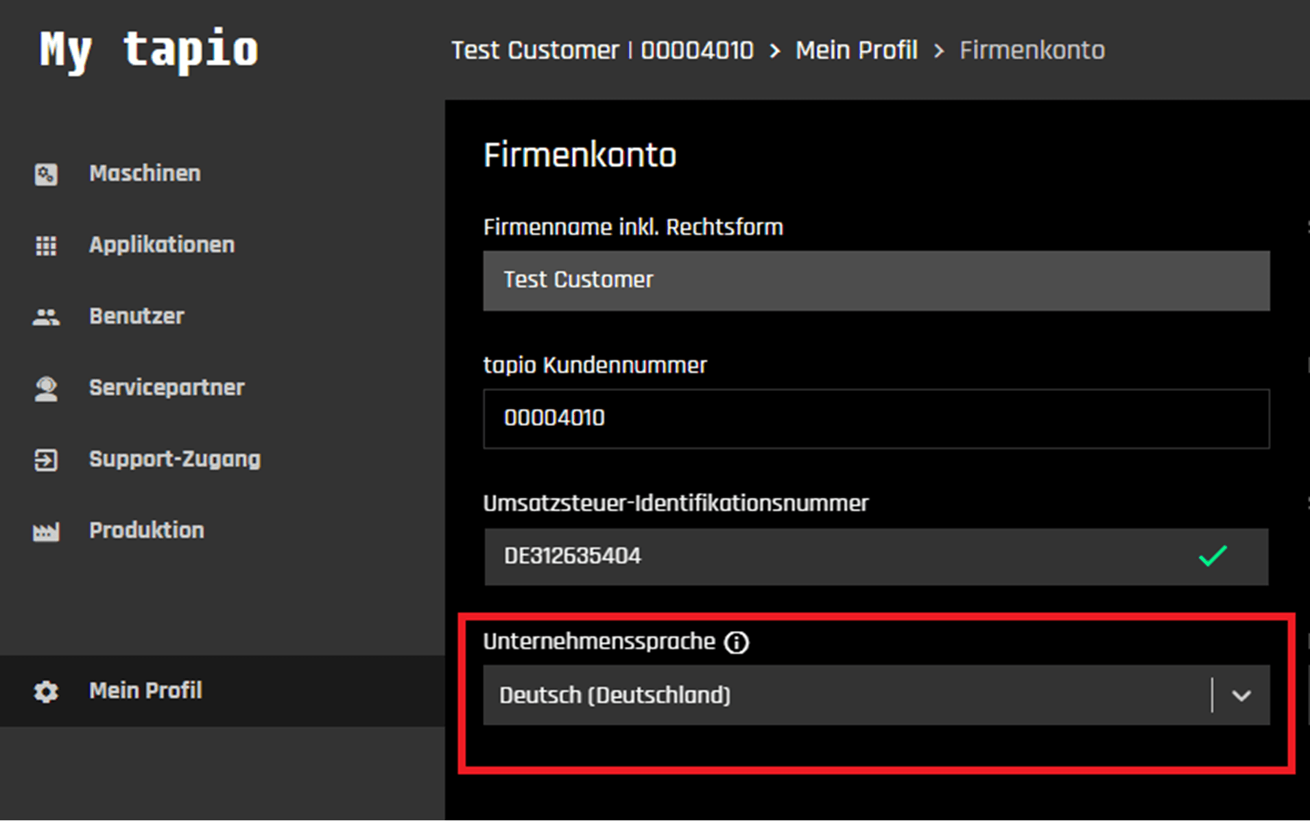 Screenshot aus My tapio auf dem die Einstellung der Unternehmenssprache markiert ist.