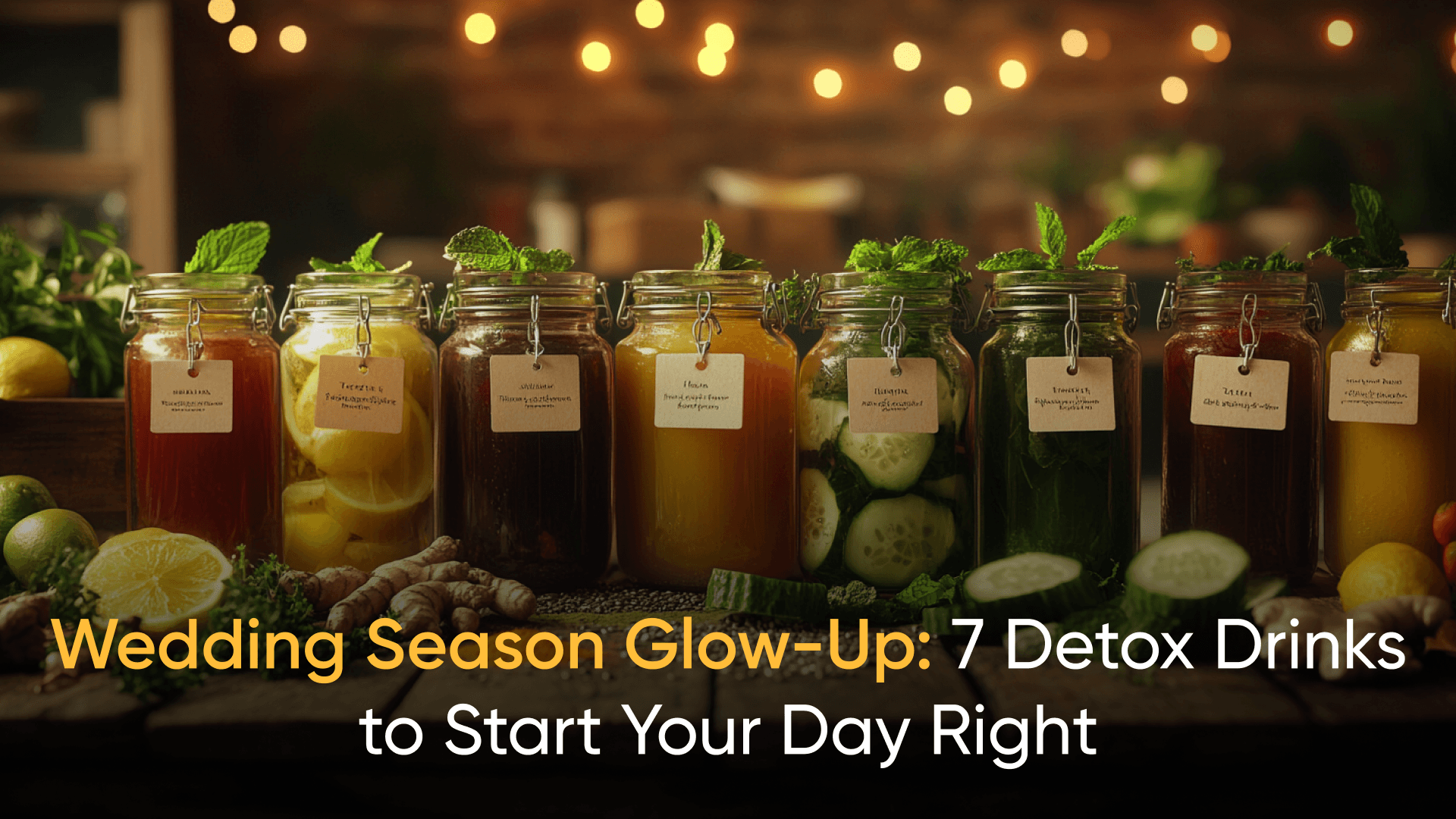 Seven colorful detox drinks in jars for wedding season glow-up with natural ingredients.