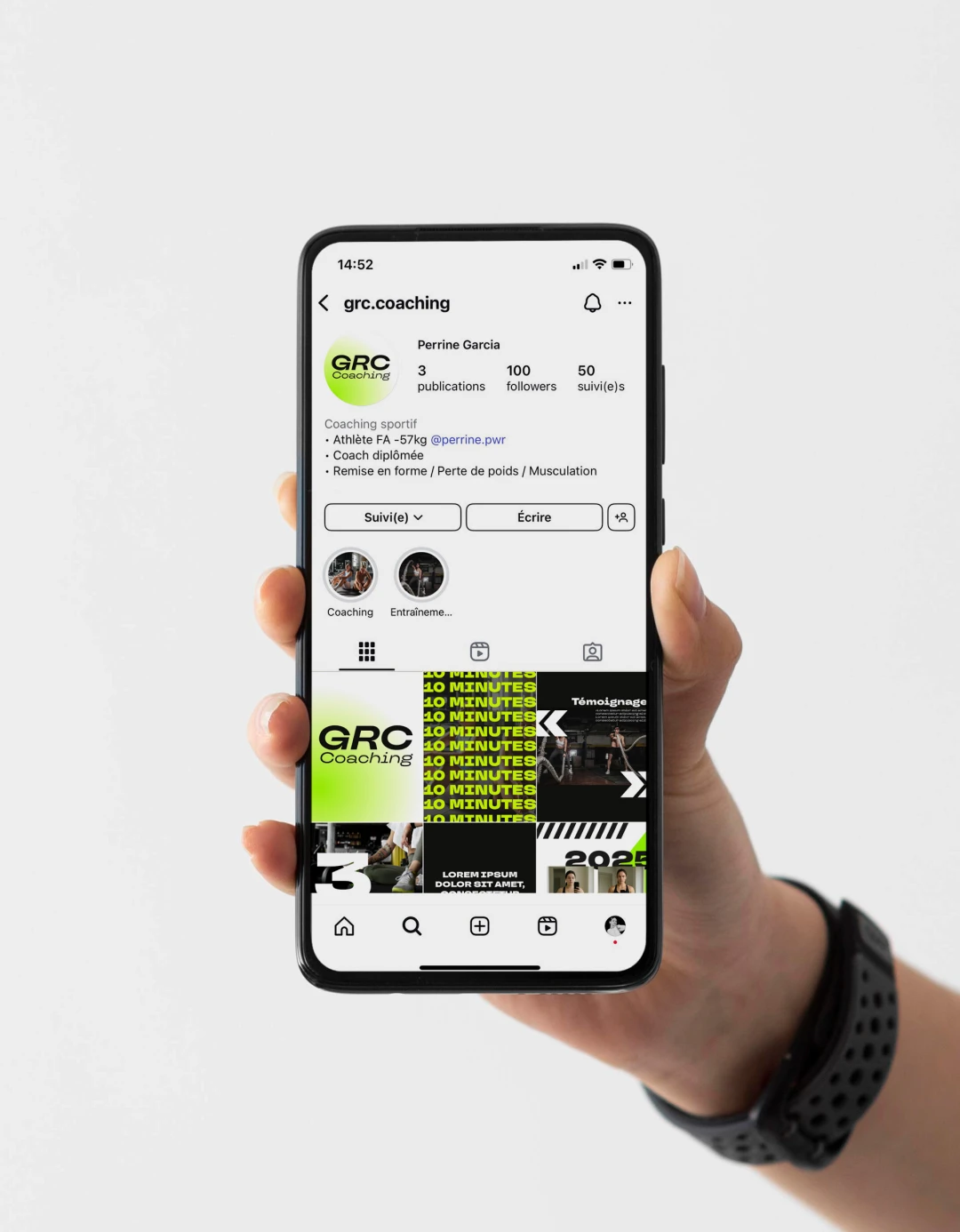 Mockup feed Instagram de GRC Coaching avec les templates du social média kit — cohérence visuelle et identité de marque conçues par Tartelette Concept