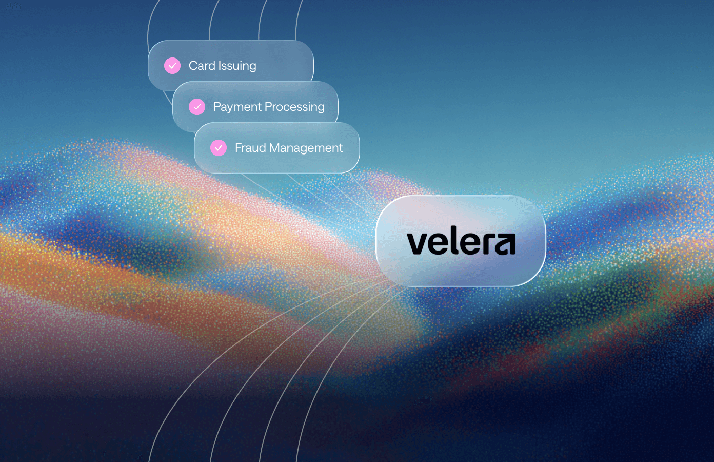 Abstract hero image showing a dynamic wave of orange and blue particles on a gradient background.