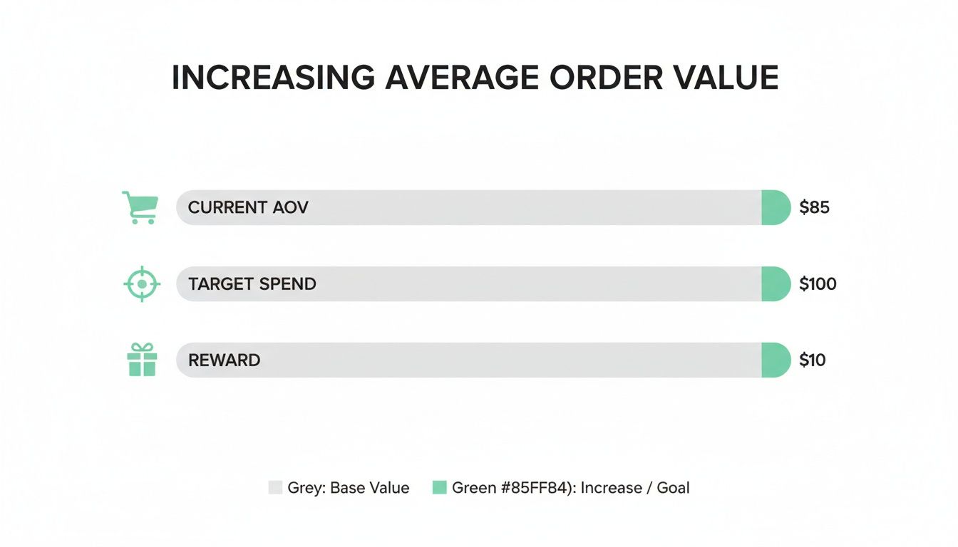 An infographic on increasing average order value, showing current AOV $85, target spend $100, and a $10 reward.