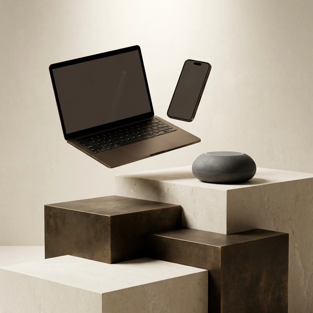 A textured dark grey smart sleep device with a glowing blue ring on a light blue block.