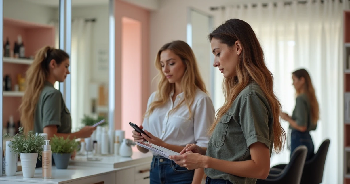 Equipe de salão reunida com celular e agenda 