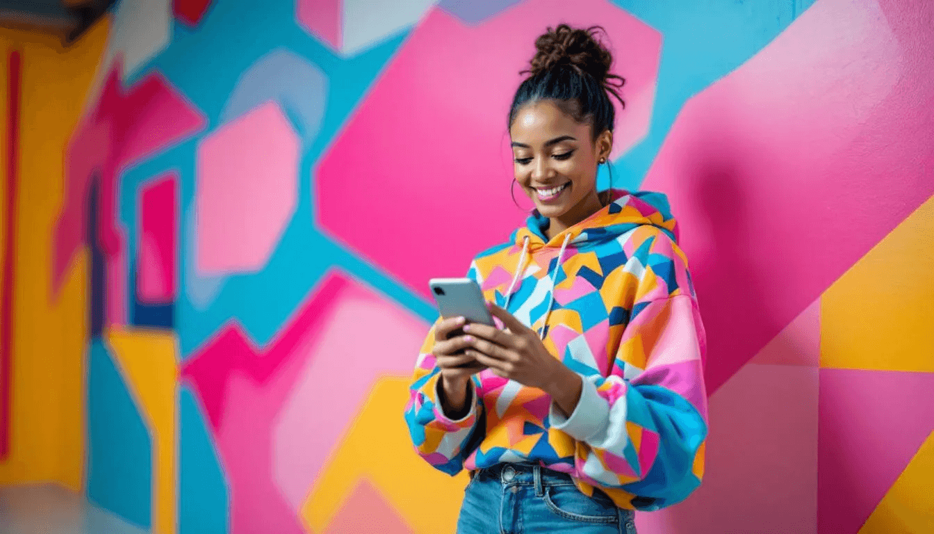 A person is holding a smartphone, engaged in creating social media content against a vibrant, colorful background, suggesting a focus on producing high-quality, shareable content for platforms like TikTok and YouTube. The scene captures the essence of modern digital creativity and the effort to connect with new audiences through engaging videos and posts.