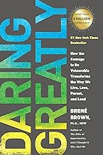Book cover of "Daring Greatly" by Brené Brown, showcasing the title in large, bold, vertically stacked colorful letters against a dark grey background.
