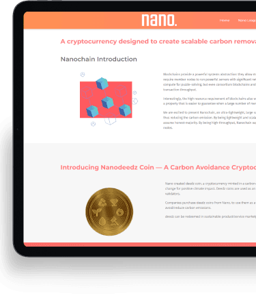 Detailed web interface of NANO showing ESG certificate trading marketplace and blockchain network features
