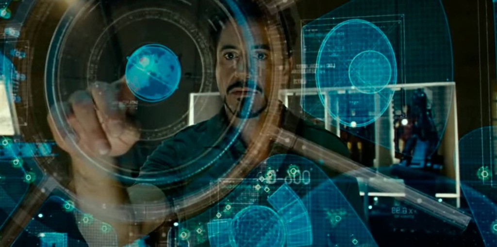 Tony Stark from the Avengers movie interacting with his Jarvis computer interface.