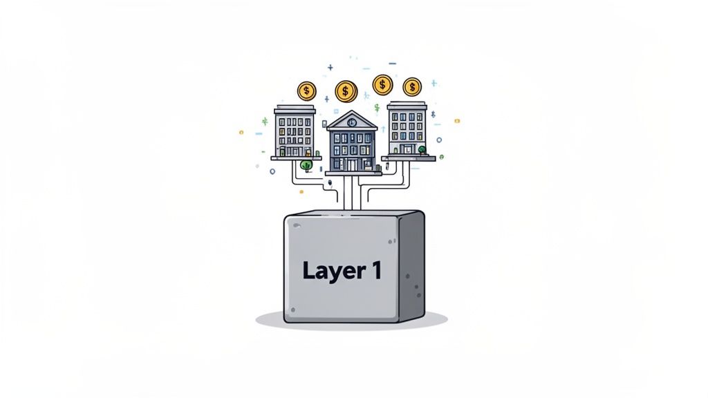 Illustration of financial buildings with dollar signs connecting to a 'Layer 1' blockchain block.