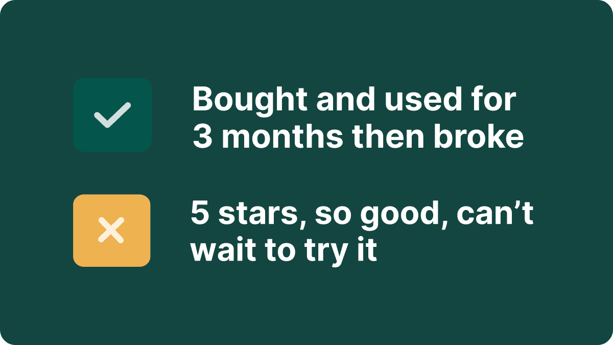 A review reading "bought and used for three months then broke" is marked useful, while "5 stars, so good, can't wait to try it" is marked unusable.