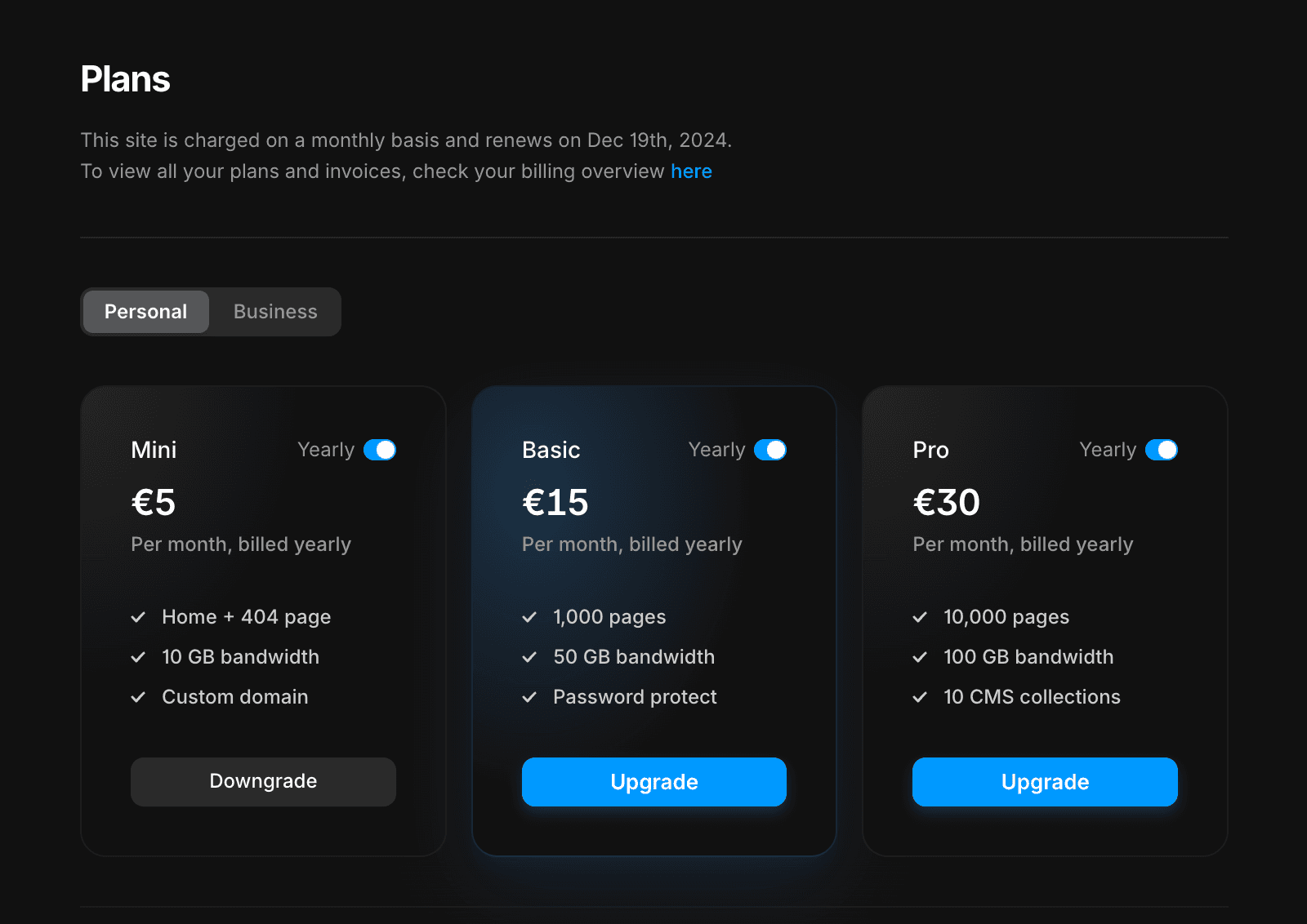 Framer website pricing page highlighting the upgrade options from monthly to yearly billing plans.