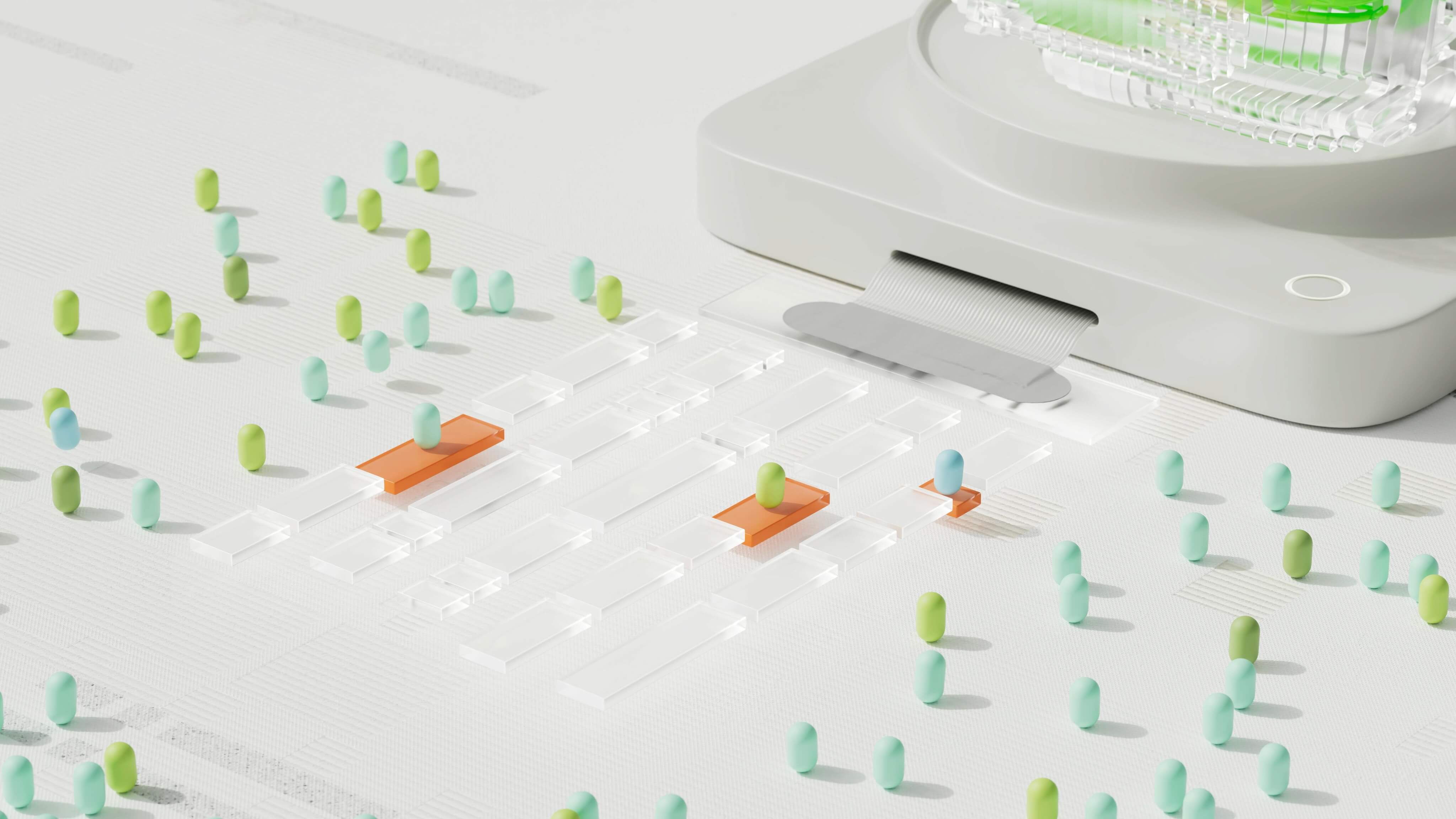 Abstrakte 3D-Illustration mit grünen und blauen Figuren auf einer weißen Fläche mit transparenten und orangefarbenen Elementen, die an einen Datenfluss oder ein Netzwerk erinnern.