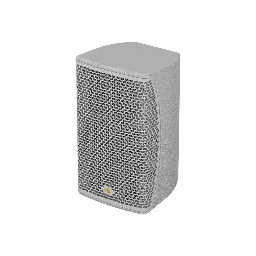 Gray speaker with mesh grille and logo