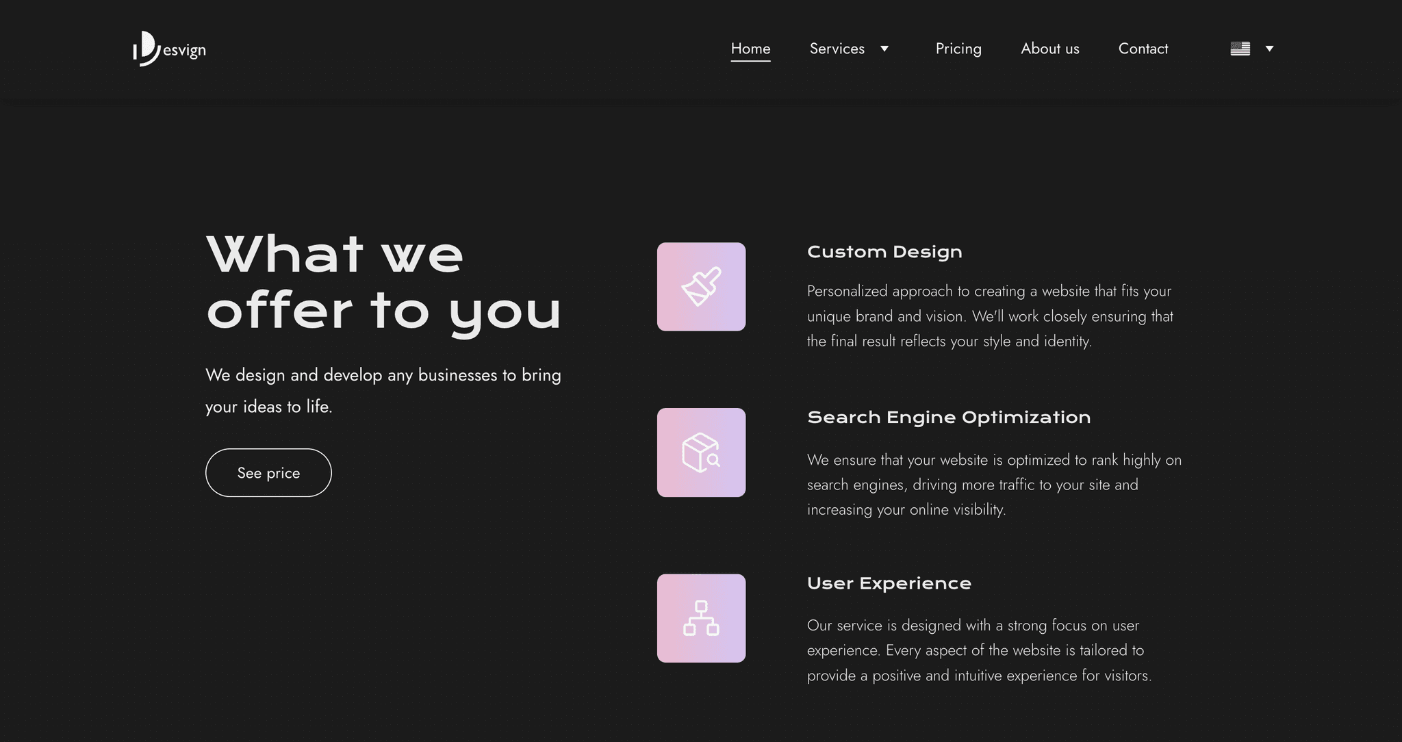 Screenshot of Desvign’s ‘What we offer to you’ section, featuring a heading, service descriptions (Custom Design, SEO, User Experience), and pastel gradient icon boxes against a dark background.