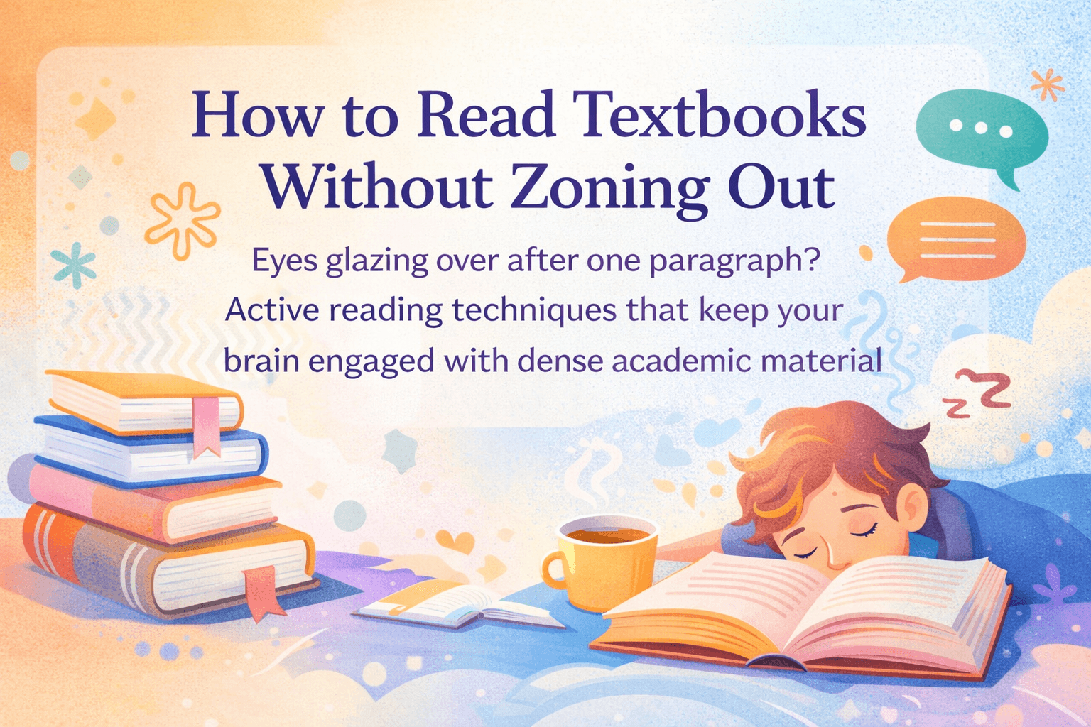 How to Read Textbooks Without Zoning Out title above tired student, stacked books and notes showing active reading strategies.