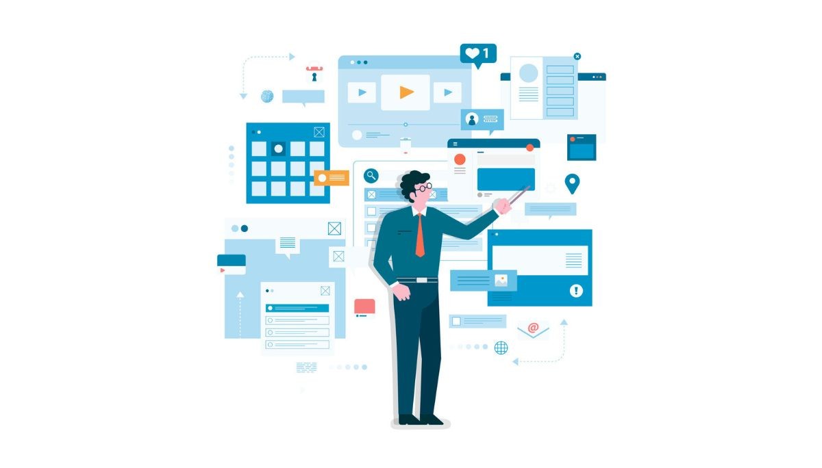 Illustration of a person interacting with multiple digital interface elements like calendars, chat bubbles, and dashboards, representing application portfolio management and software oversight.