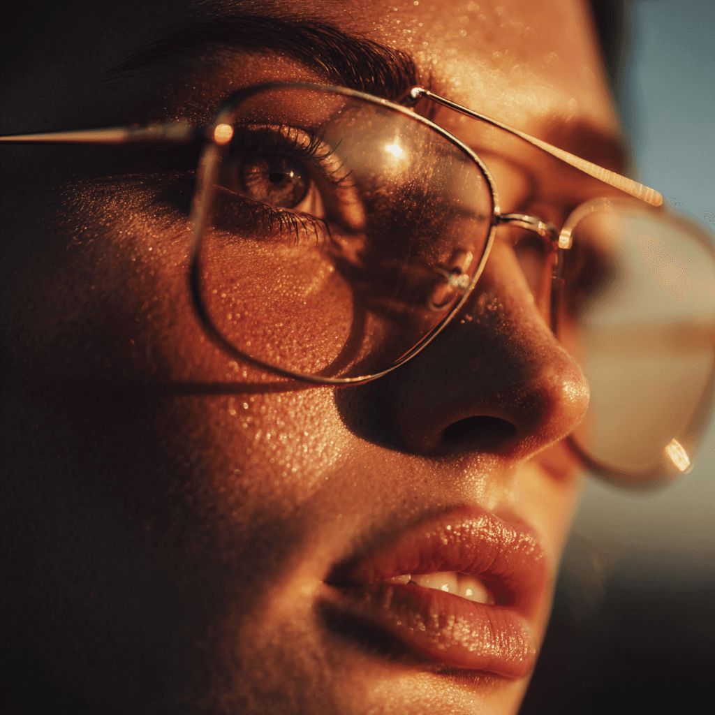 A close-up of a person wearing green-tinted glasses, with a serious expression and smooth skin.