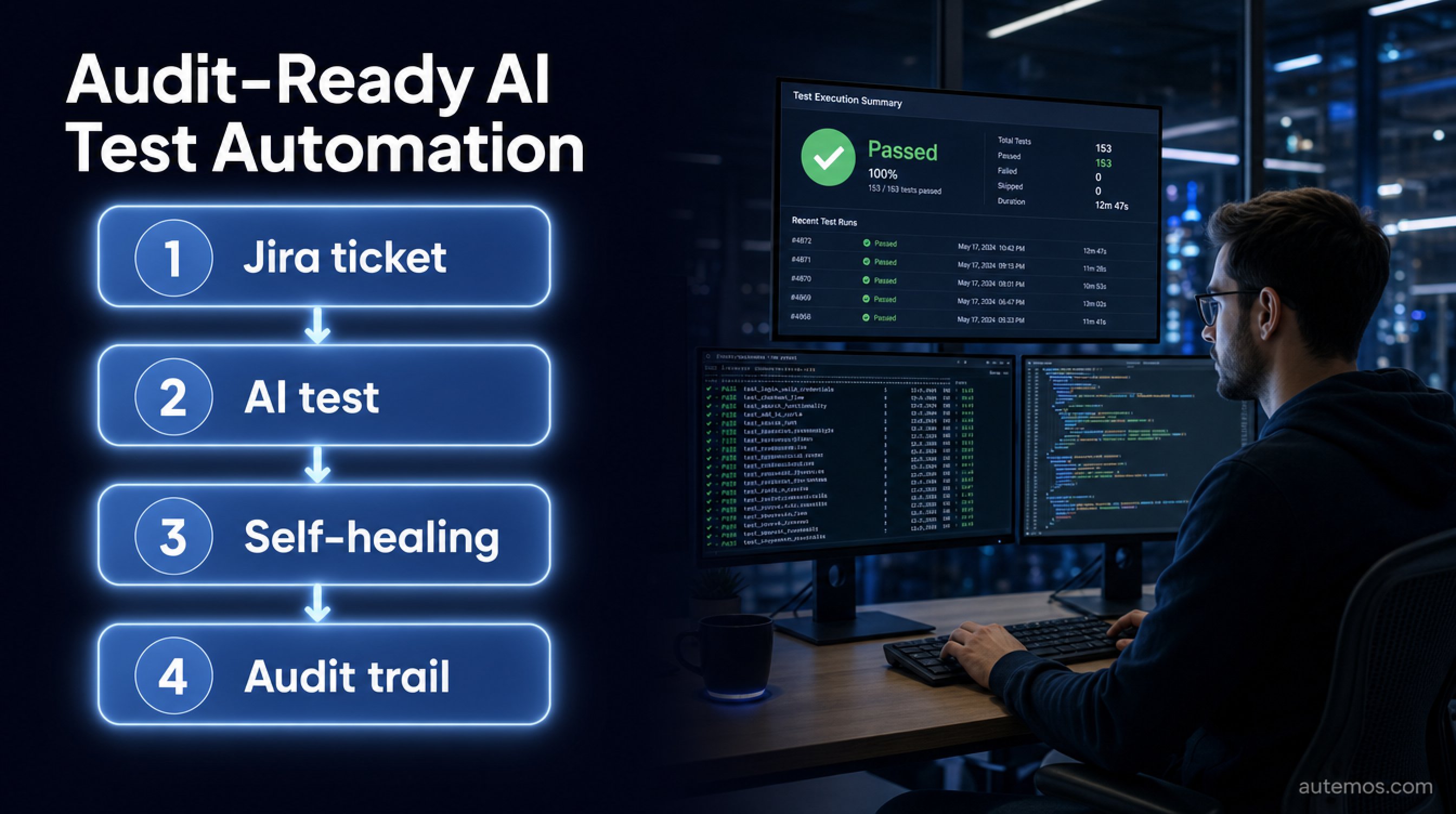 Infographic: audit-ready AI test automation in four steps – Jira ticket, AI test, self-healing, audit trail
