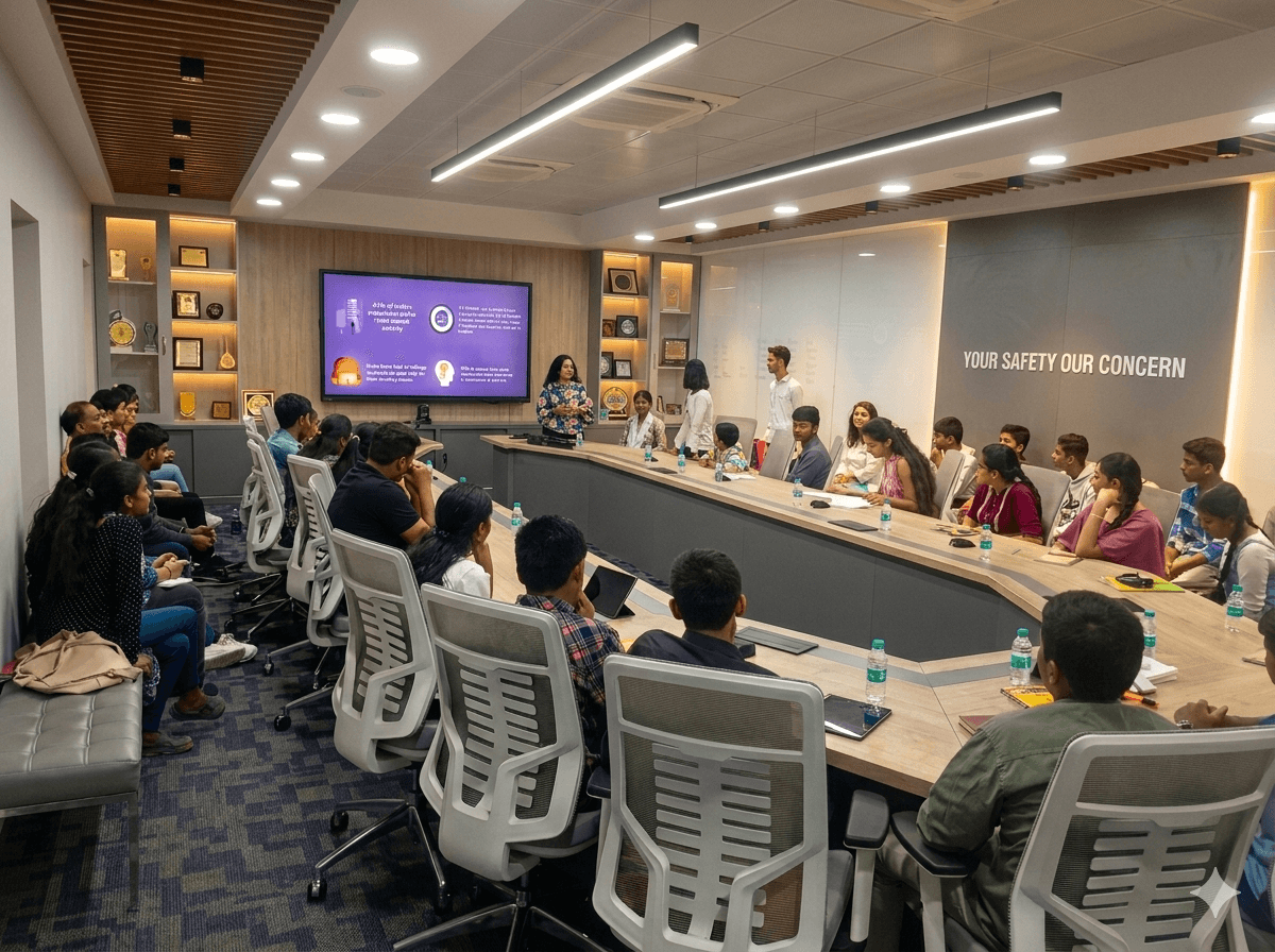 a group of people sitting around a table with laptops
