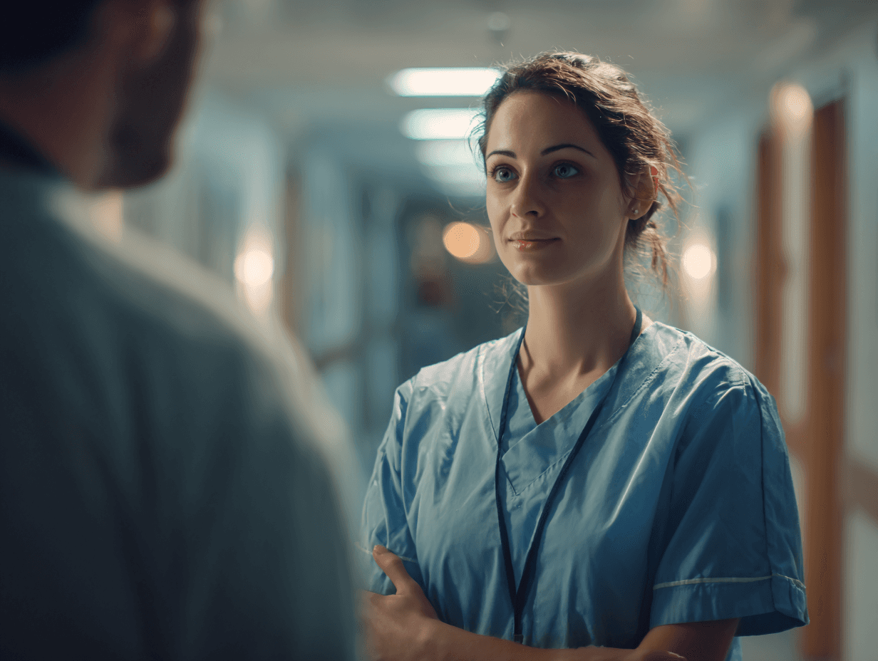 A nurse in blue scrubs stands in a softly lit hospital corridor, looking attentively at a colleague. The atmosphere is calm and professional.