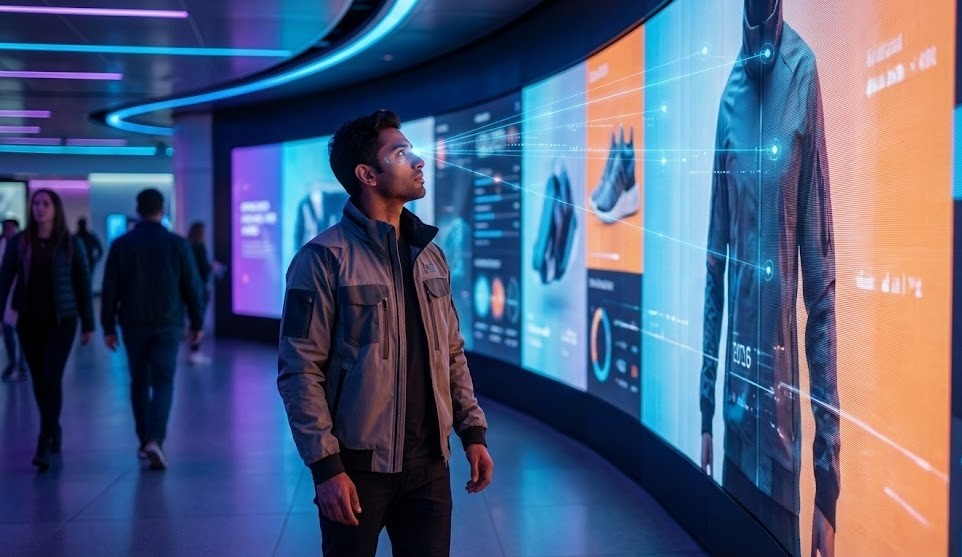Homem interage com ecrã digital gigante que exibe roupas e dados em ambiente futurista com luzes de néon azuis e roxas, no ano de 2026.