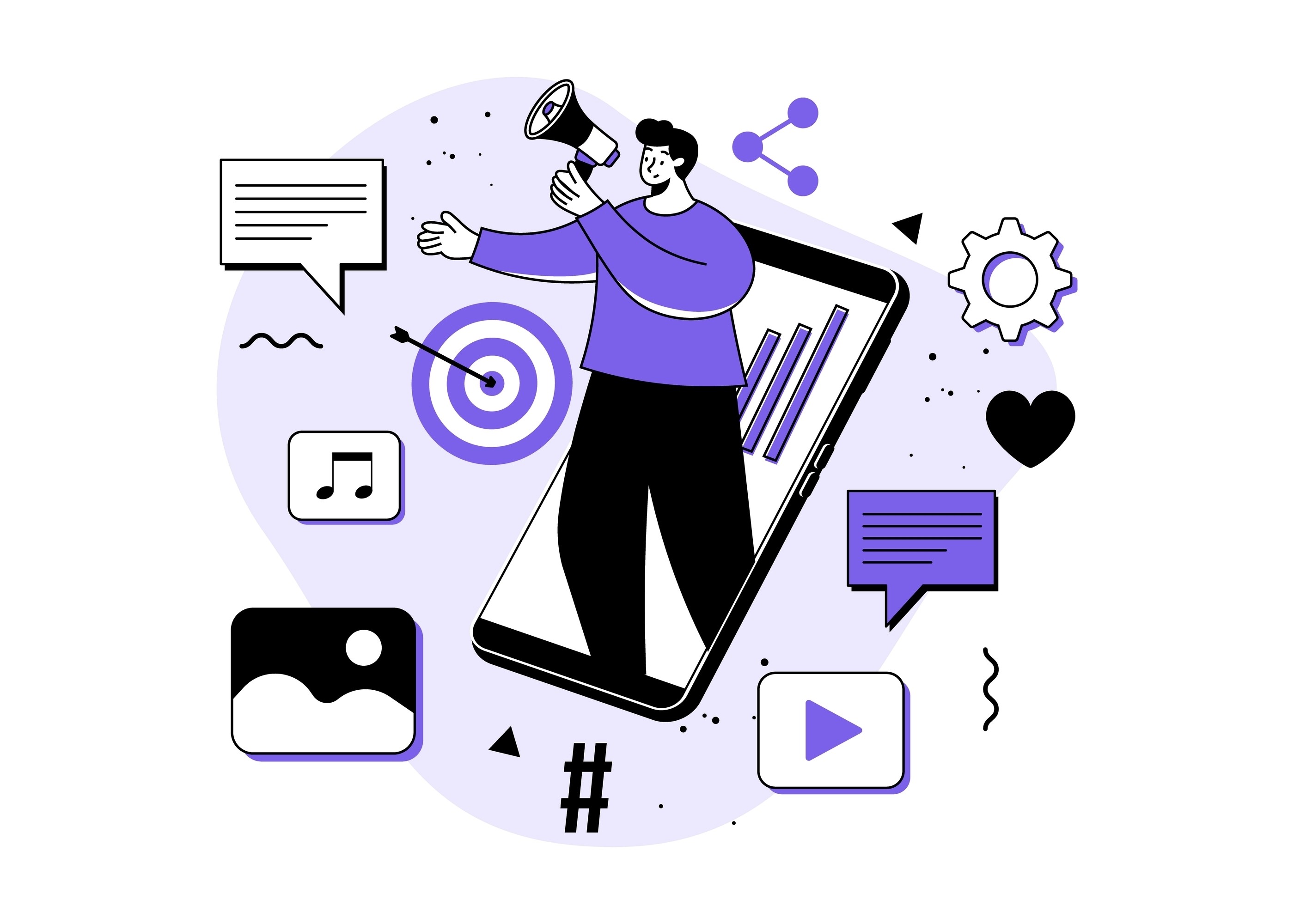 Illustration of a creator holding a megaphone on a smartphone surrounded by social media icons