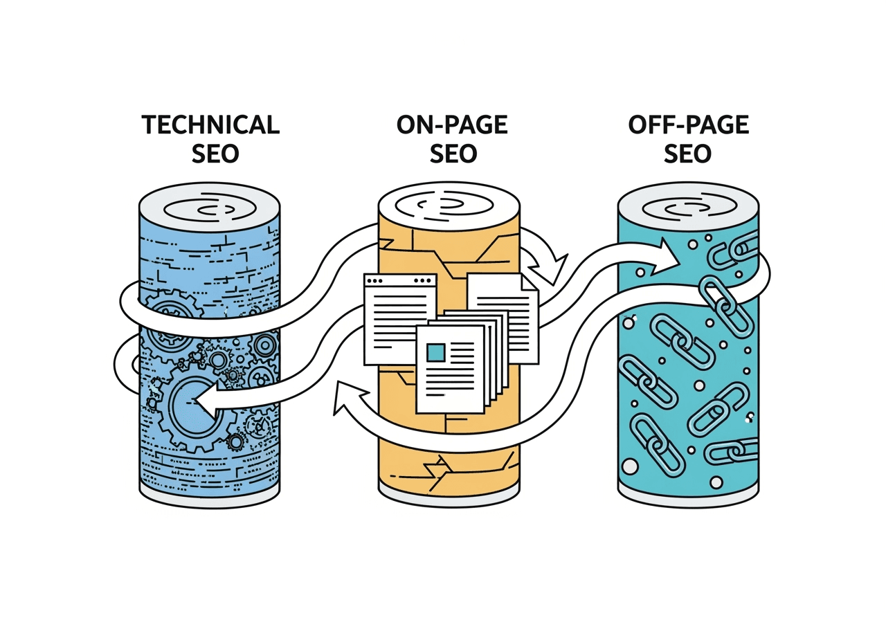 Diagram showing the three pillars of SEO: Technical SEO (website structure, speed, mobile-friendliness), On-Page SEO (content, keywords, metadata), and Off-Page SEO (backlinks, local SEO, social signals). Arrows connect them, illustrating their interconnectedness for a holistic strategy. - internet marketing company seo services