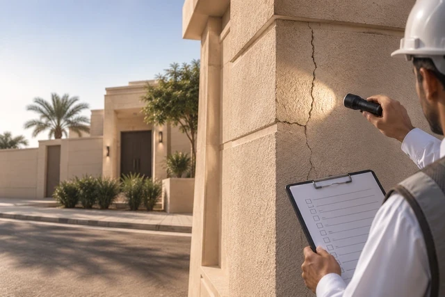 مهندس يفحص جدارًا خارجيًا لفيلا مستعملة في الرياض بحثًا عن شروخ أو عيوب قبل قرار الشراء