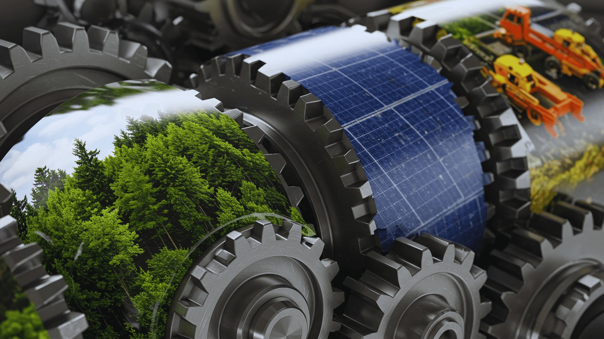 The environmental impacts of the product throughout its life cycle; gears showing natural resources (forest), renewable energy (solar panel), and manufacturing stages (construction machinery).