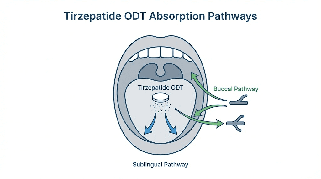 Tirzepatide ODT orally disintegrating tablet absorption diagram