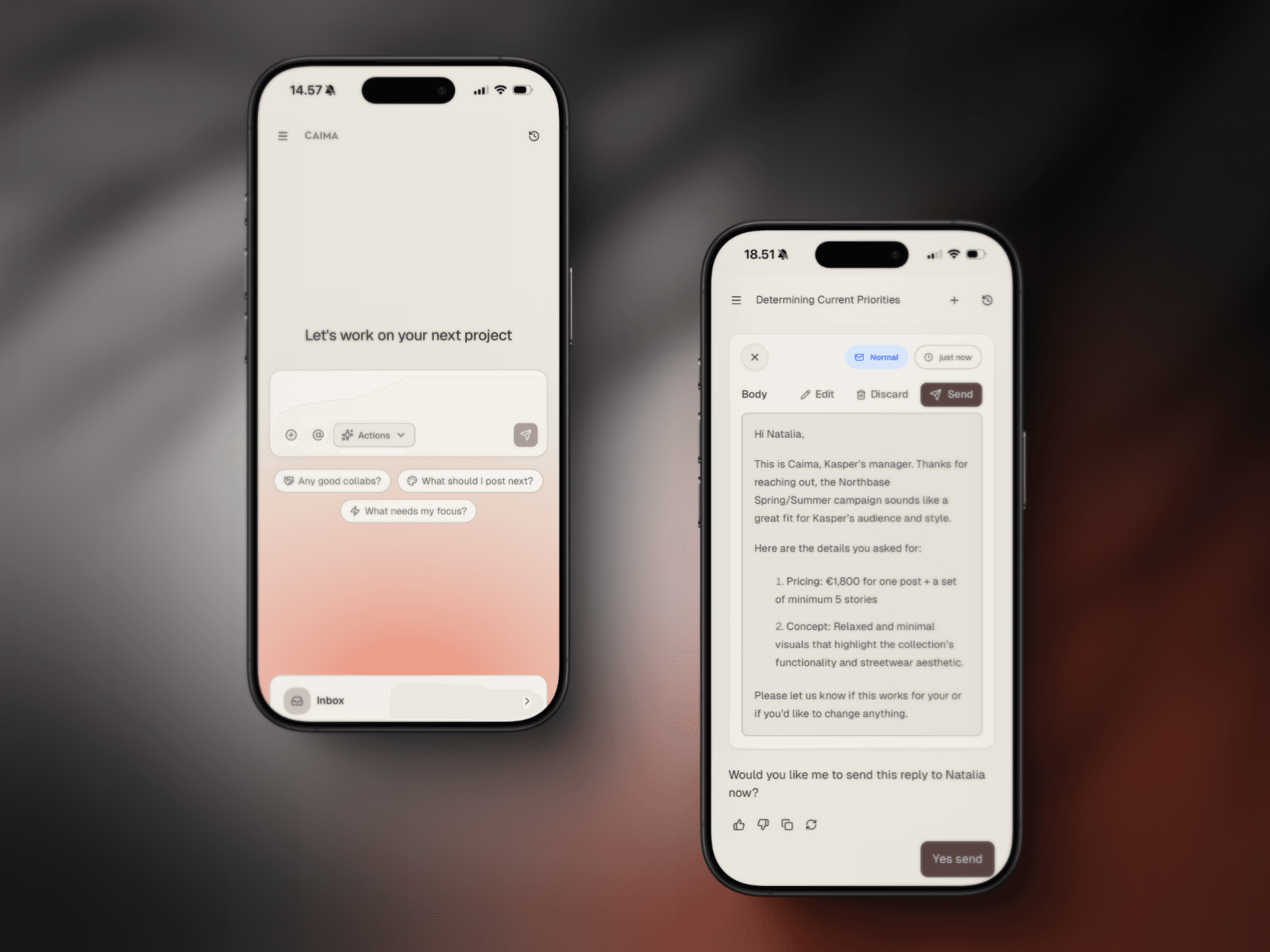 Two iphone mockups next to each other of Caima's app