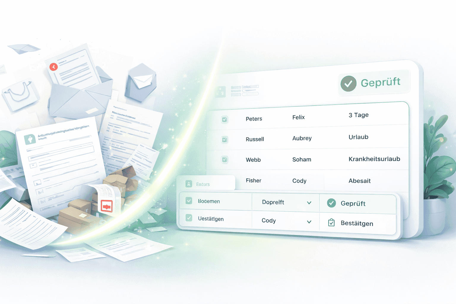 Illustration zur KI-gestützten Lohnbuchhaltung: Künstliche Intelligenz strukturiert E-Mails und Dokumente, während Sachbearbeiter die Daten prüfen und freigeben.