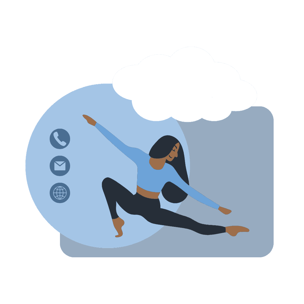 Cartoon graphic of a woman stretching, with a cloud and contact icons in the background