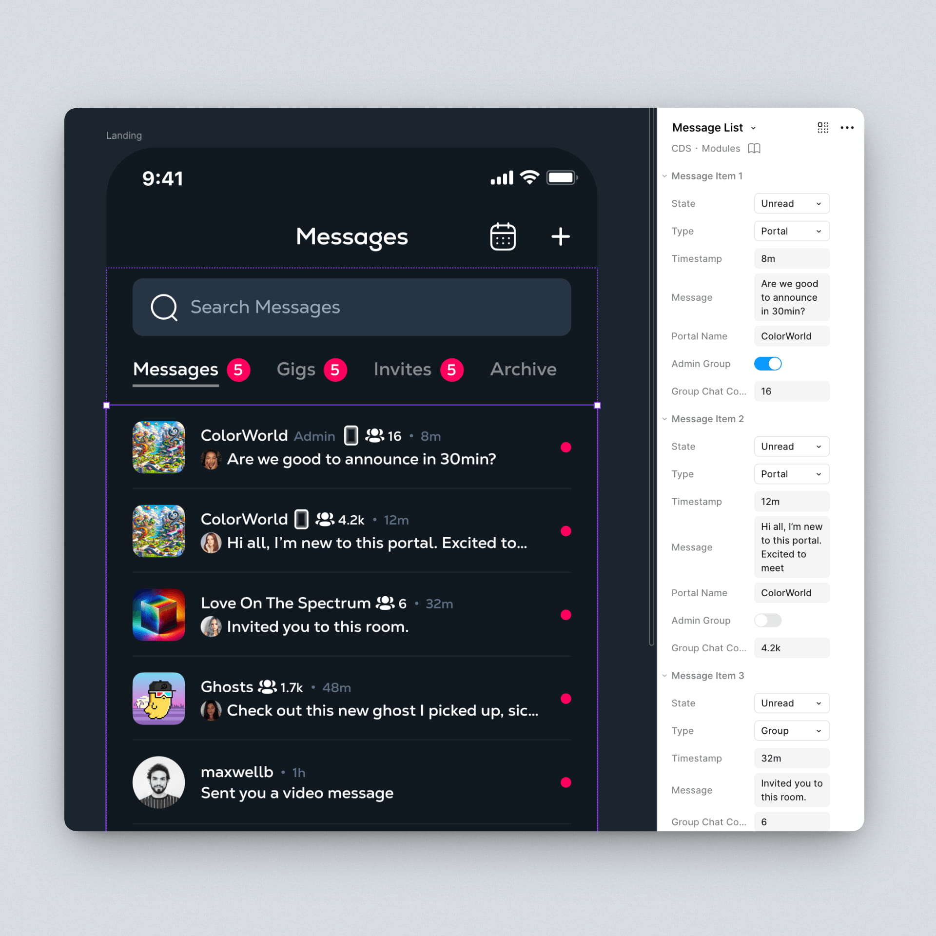Figma component properties panel - Calaxy Messages list module with configurable state, type, timestamp, portal name, and admin group properties for rapid UI prototyping