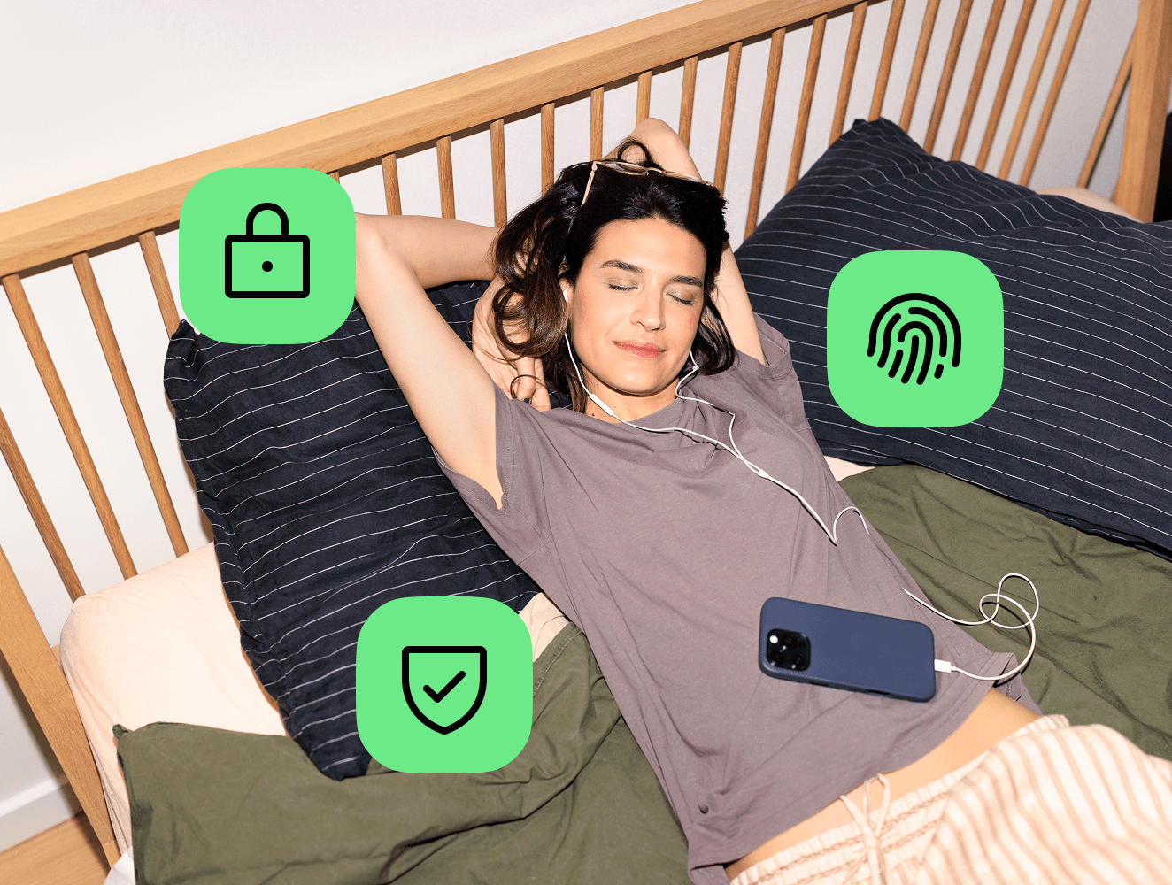 Young woman relaxing in bed using her phone, with lock, shield, and fingerprint icons symbolizing secure AI money coaching.
