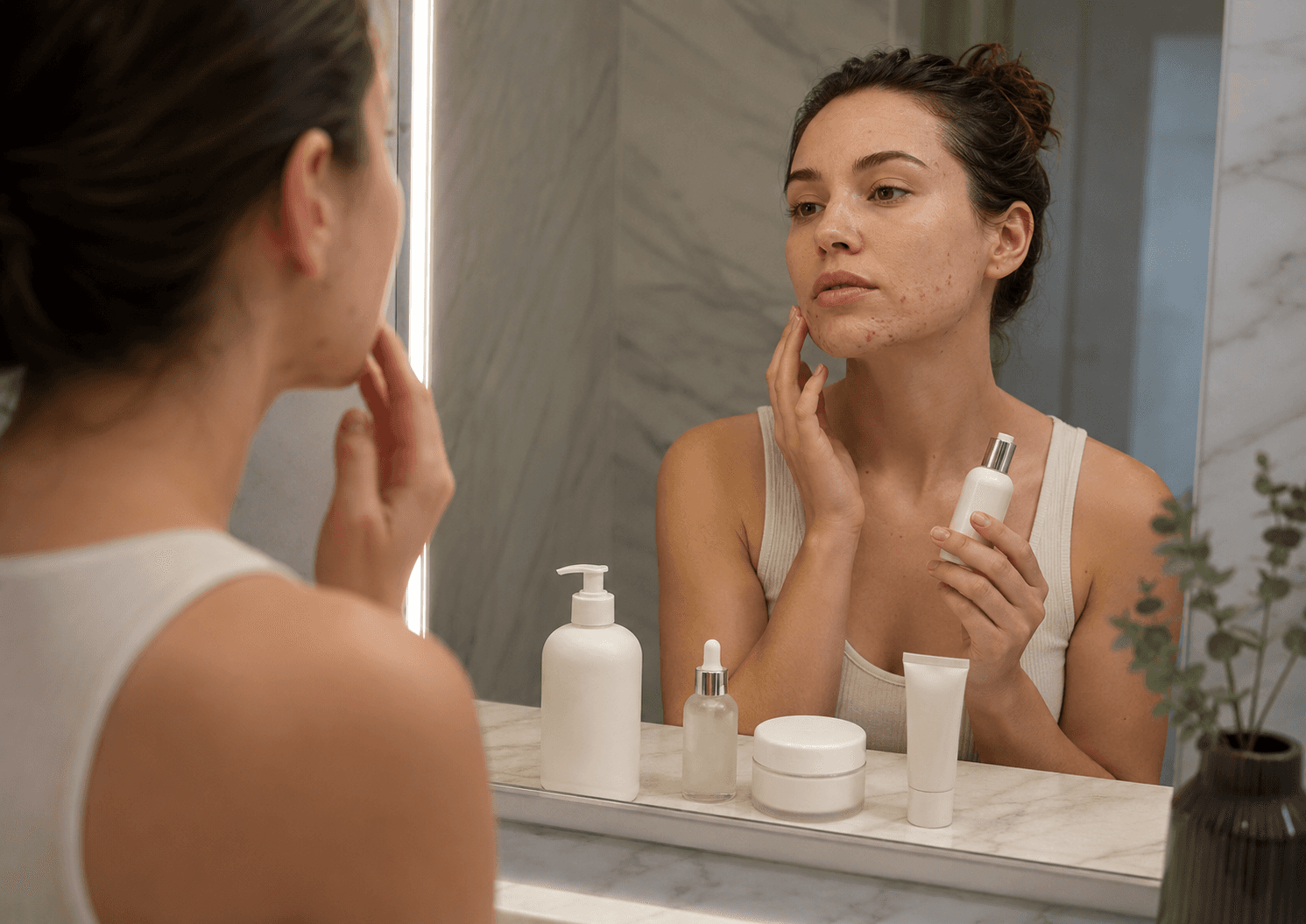 Acne skincare basics arranged on a clean bathroom counter with cleanser, moisturizer, and sunscreen.
