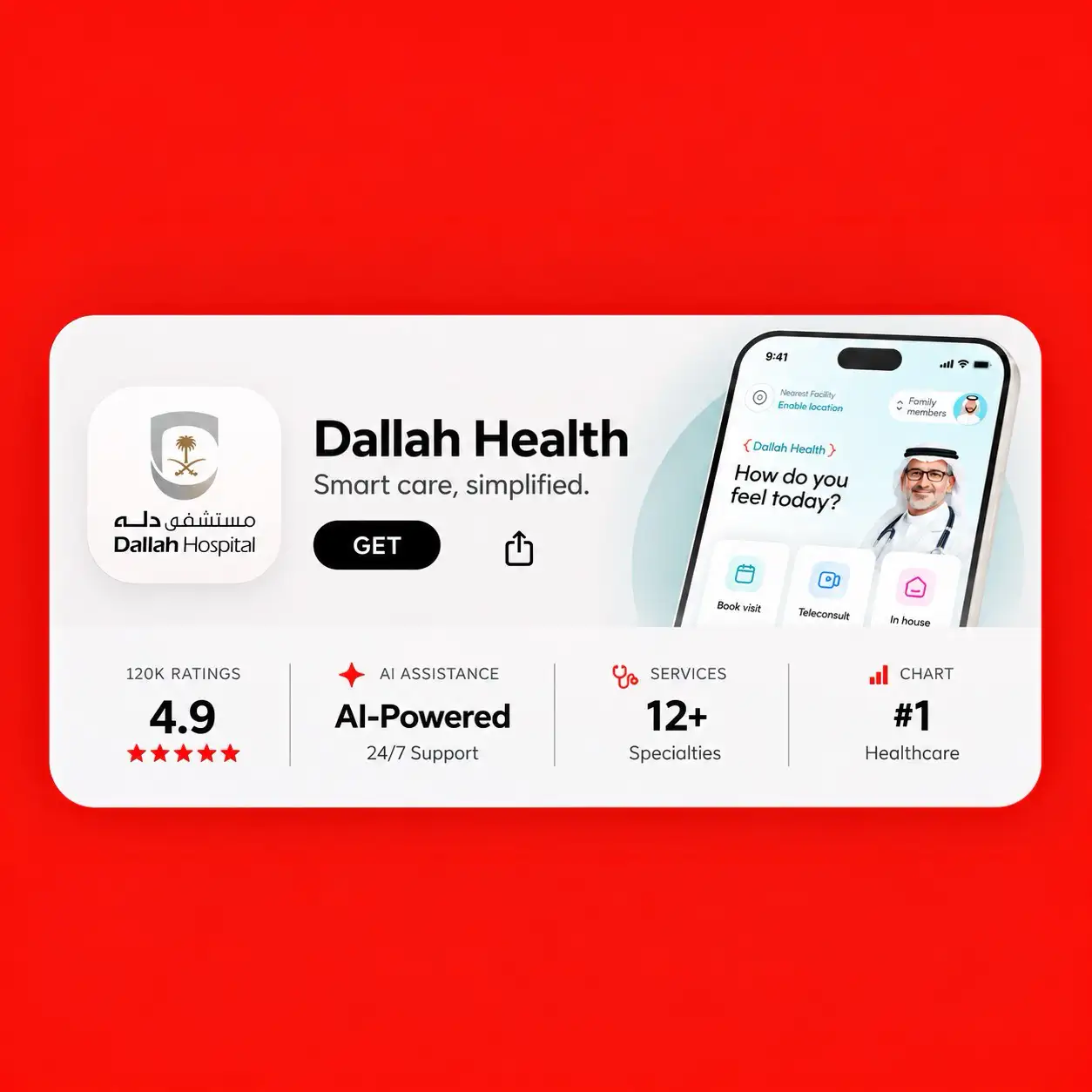 هاتف فوق قاعدة حمراء مستديرة يعرض الشاشة الرئيسية لتطبيق دله الصحي: سؤال «كيف تشعر اليوم؟»، وخيارات الزيارة في المستشفى والاستشارة عن بُعد والزيارة المنزلية، وبطاقة أحد الأطباء