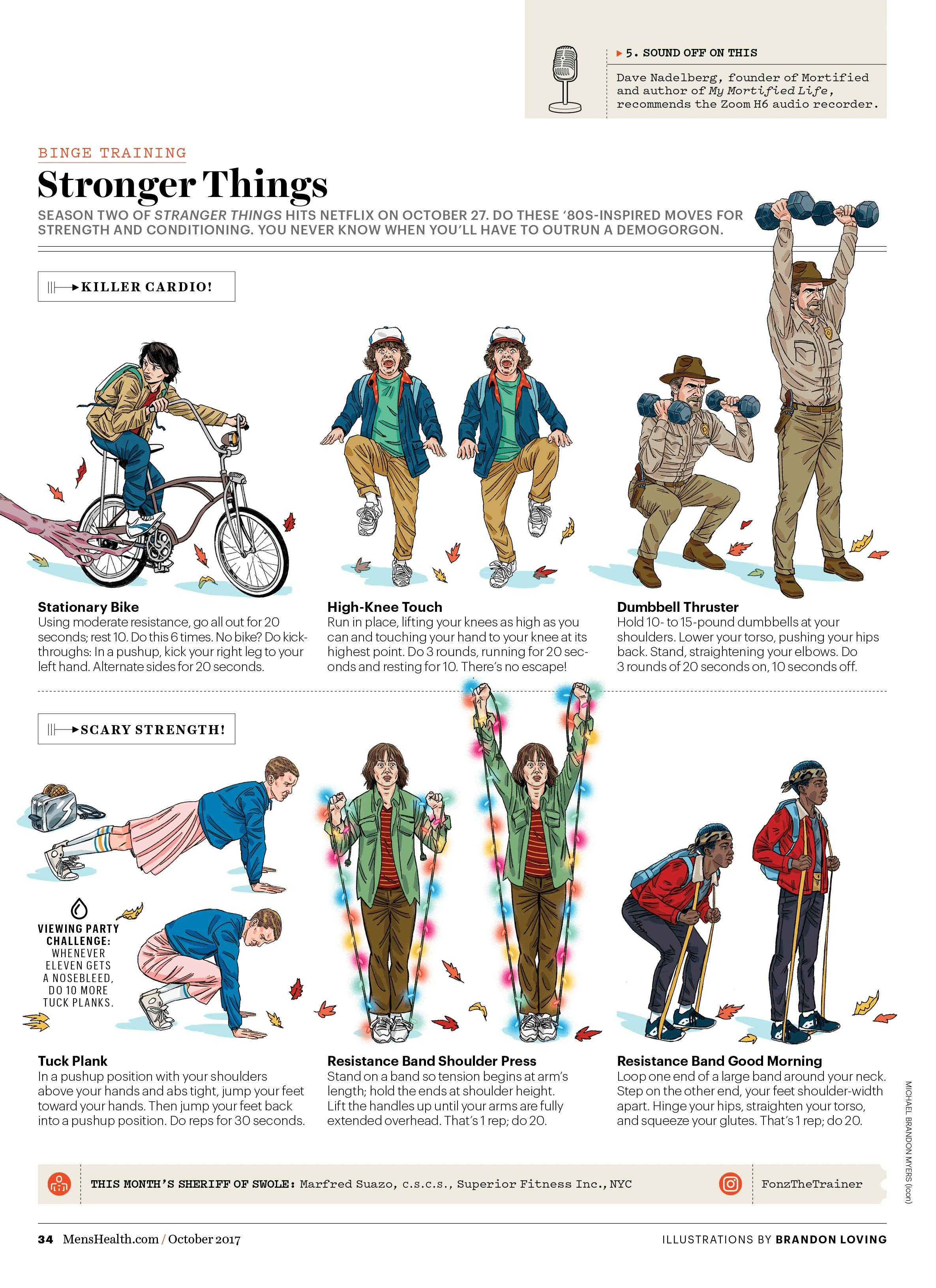 A layout of six workout moves demonstrated by illustrated cast of Stranger Things.