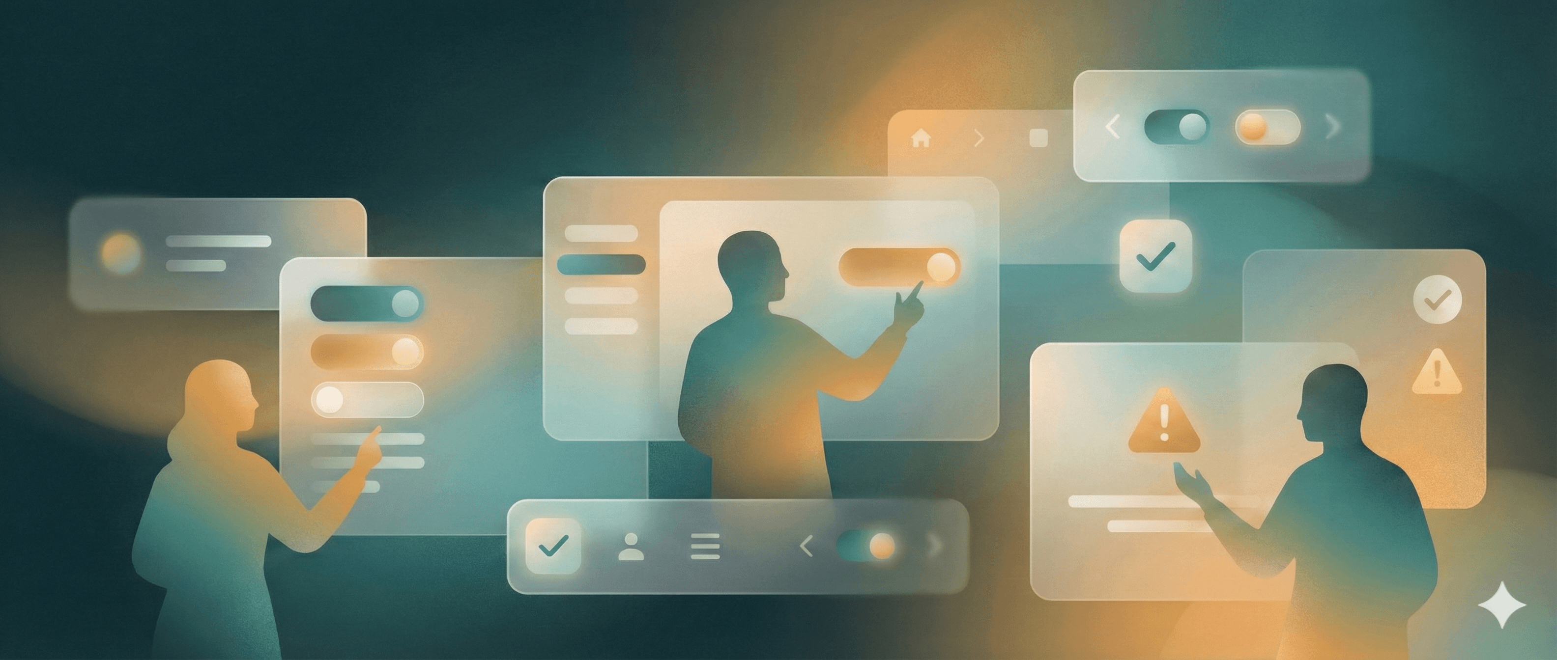 Varias siluetas de personas interactúan con paneles digitales flotantes que muestran interruptores, marcas de verificación y señales de alerta, en un entorno que refleja principios de usabilidad y diseño de interacción