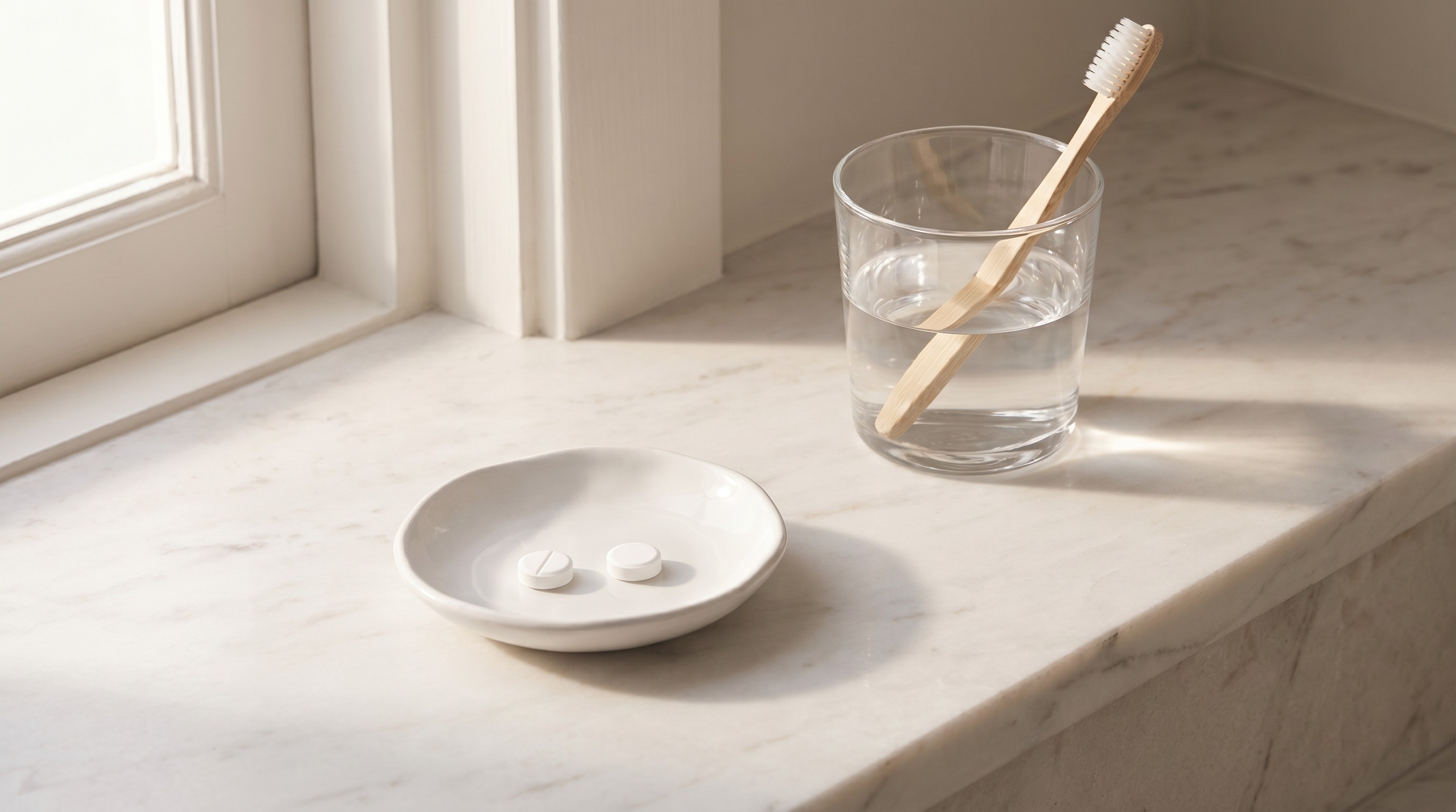 Ibuprofen tablets in a small dish beside a glass of water and bamboo toothbrush in soft morning daylight
